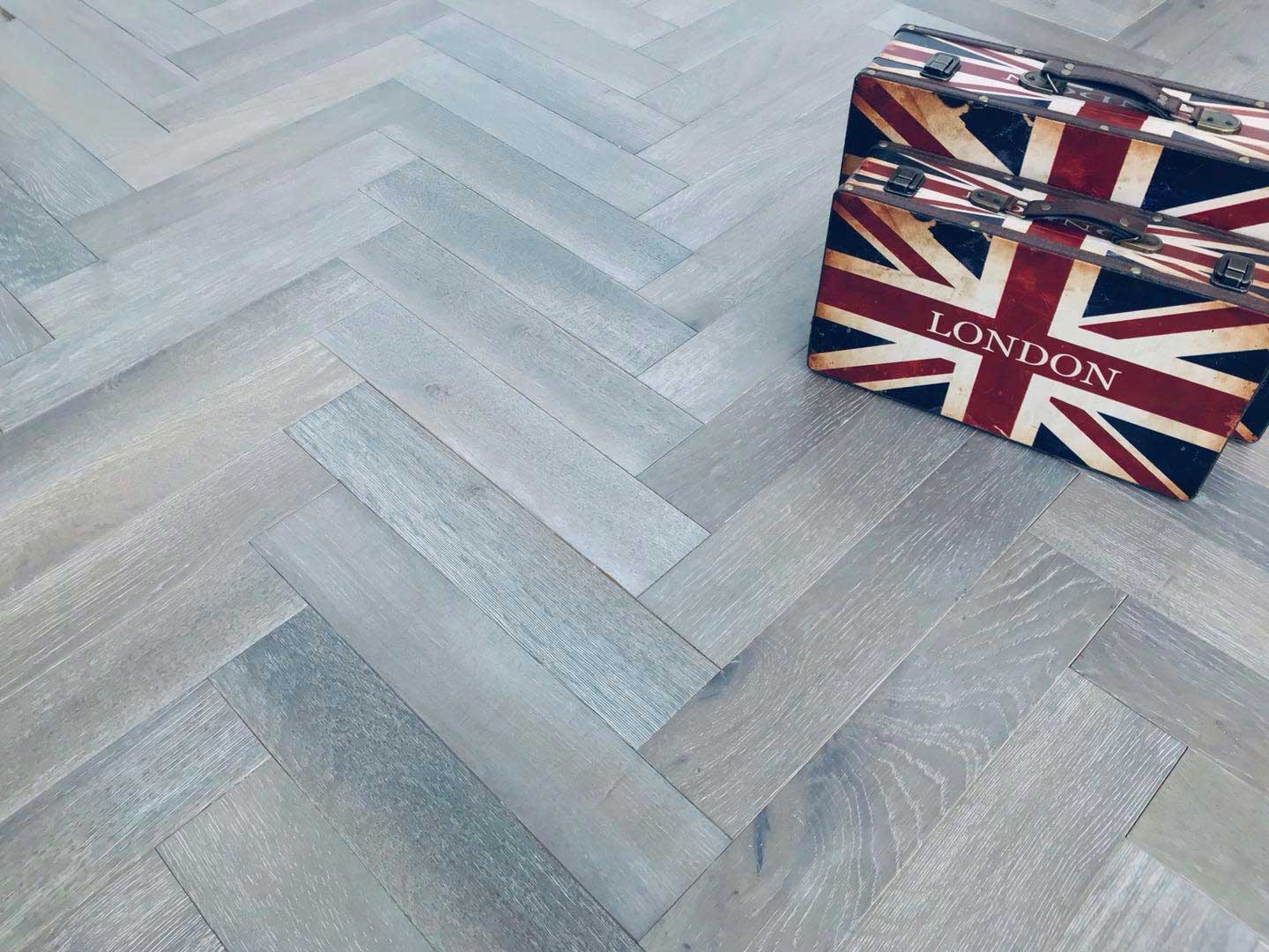 Herringbone Engineered Dark Grey Brushed UV Oiled Oak Wood Flooring 15mm X 90mm