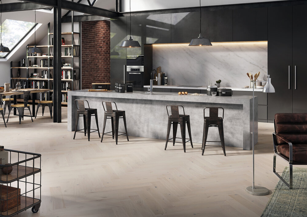 Engineered Herringbone Brushed White Matt Lacquered Click Oak Wood Flooring 14mm X 110mm