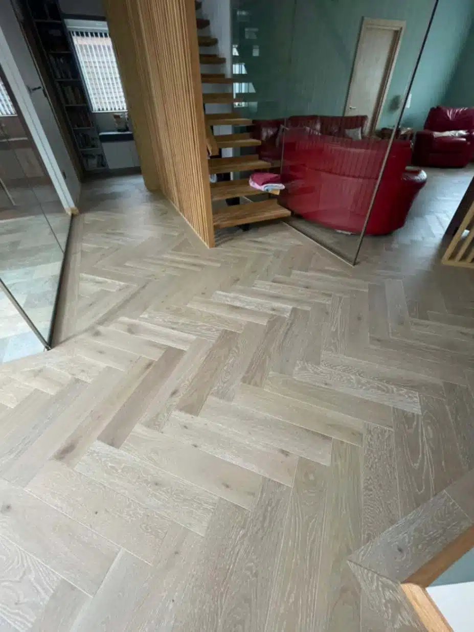 Herringbone Engineered Smoked Brushed White UV Oiled Oak Wood Flooring 14mm X 125mm