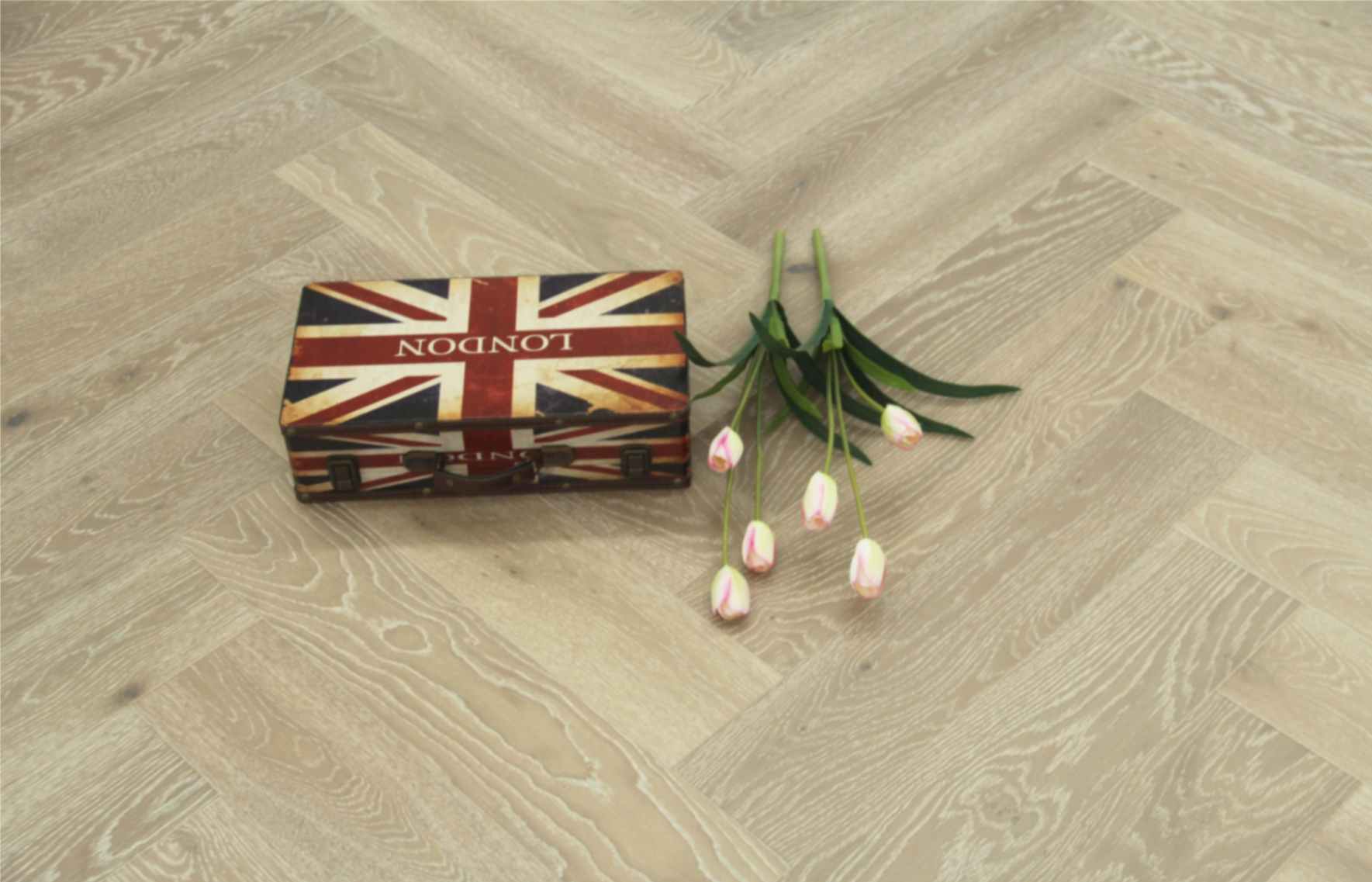 Herringbone Engineered Smoked Brushed White UV Oiled Oak Wood Flooring 14mm X 125mm