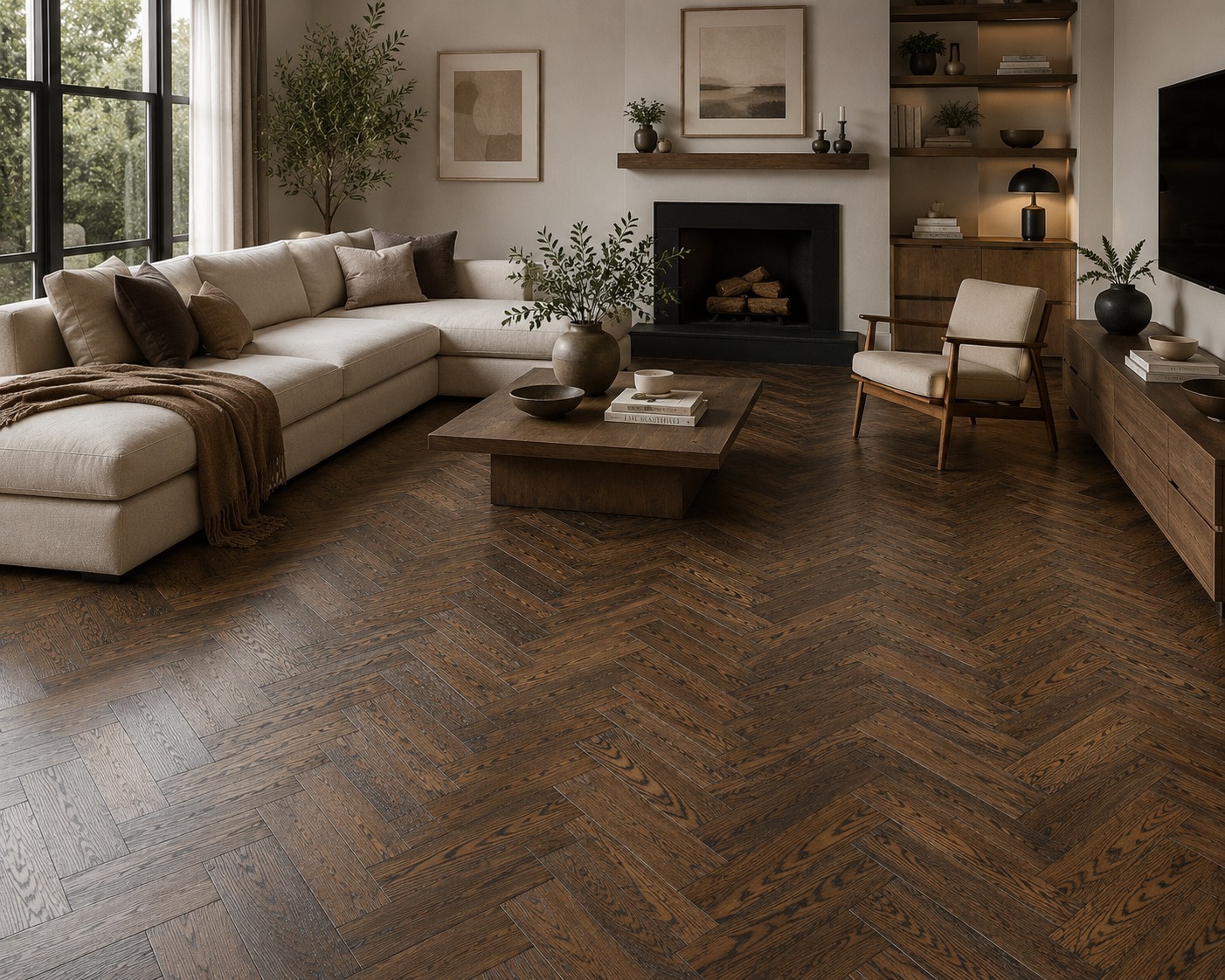 Herringbone Engineered Umber Dark Brushed & Oiled Oak Wood Flooring 14mm X 90mm