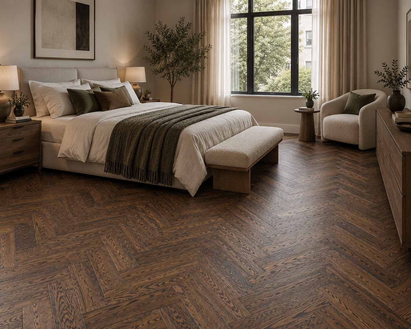 Herringbone Engineered Umber Dark Brushed & Oiled Oak Wood Flooring 14mm X 90mm